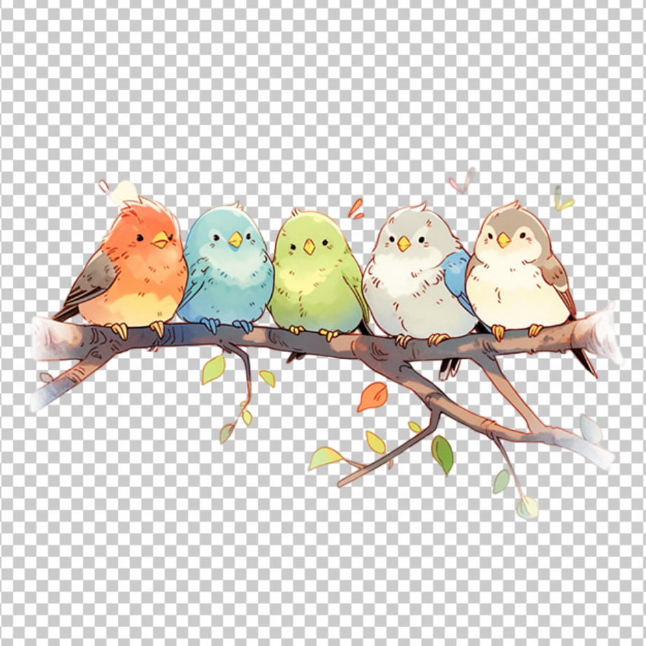 Five-Cartoon-Bird-PNG-sitting-on-tree-branch